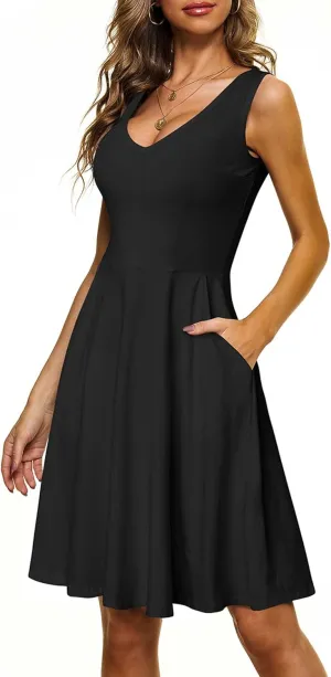 HUHOT Womens Sleeveless V Neck Dress with Pocket Summer Beach Midi Flared Tank Dress