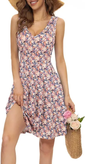 HUHOT Womens Sleeveless V Neck Dress with Pocket Summer Beach Midi Flared Tank Dress
