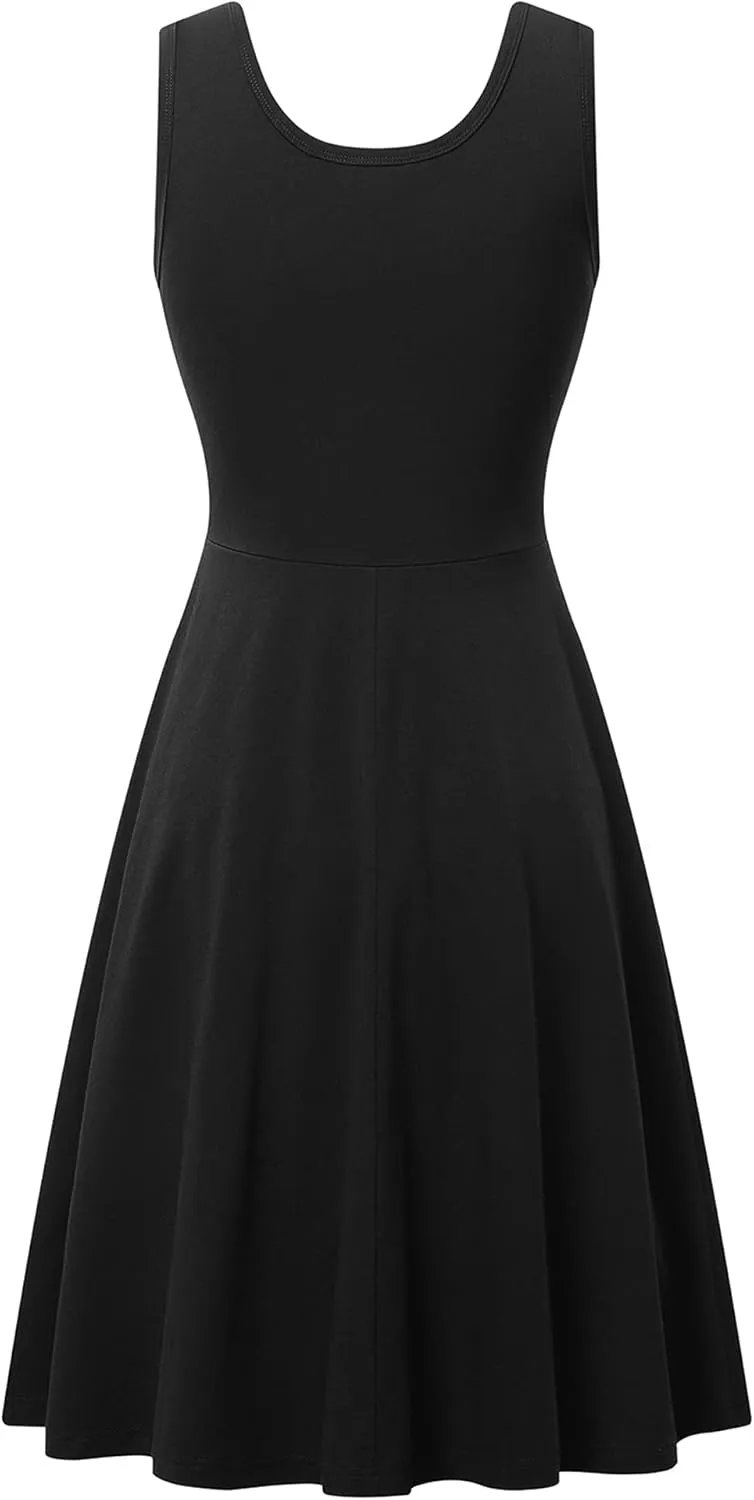 HUHOT Womens Sleeveless V Neck Dress with Pocket Summer Beach Midi Flared Tank Dress