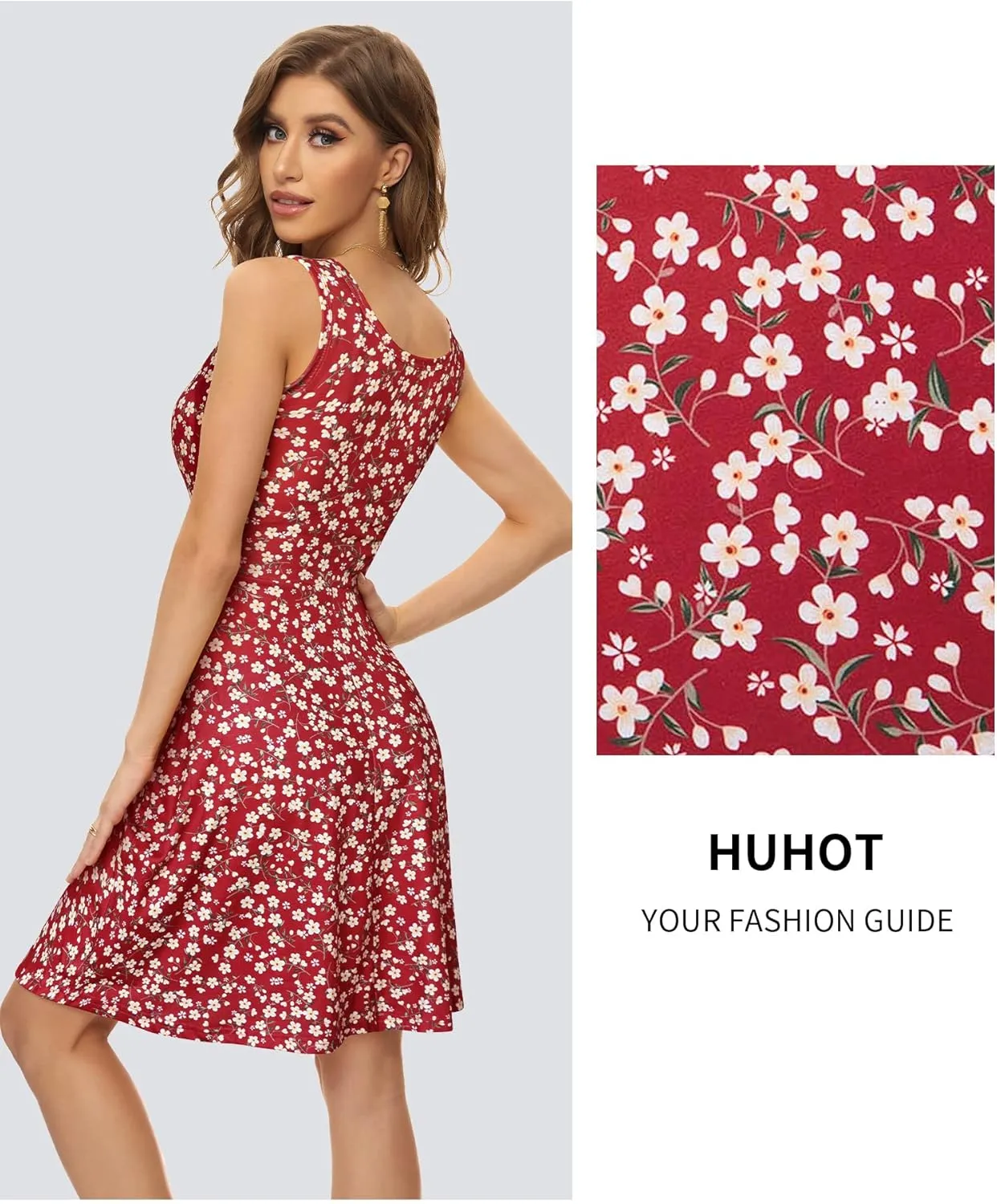 HUHOT Womens Sleeveless V Neck Dress with Pocket Summer Beach Midi Flared Tank Dress