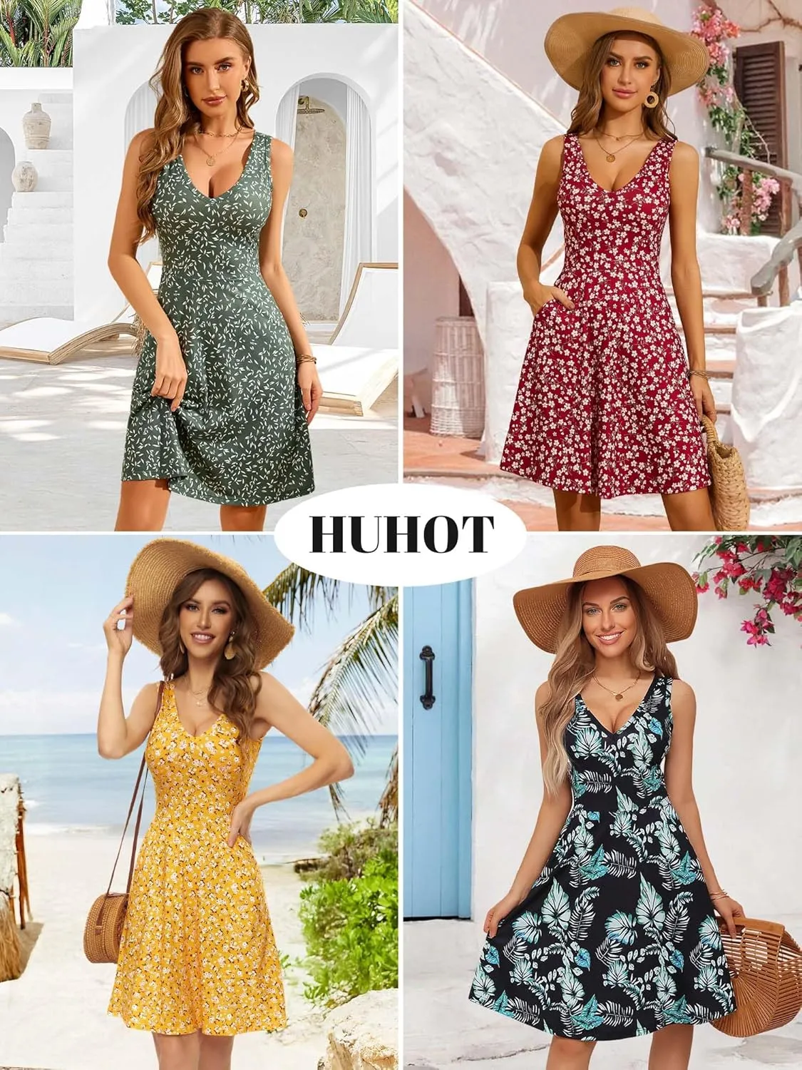 HUHOT Womens Sleeveless V Neck Dress with Pocket Summer Beach Midi Flared Tank Dress
