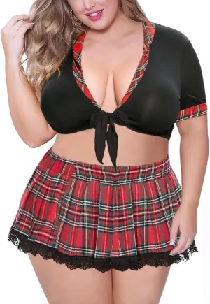 JuicyRose Plus Size School Girl Outfit Lingerie, Cosplay Baby doll Set with Tie Top and Mini Skirt (T012,Black,2XL)
