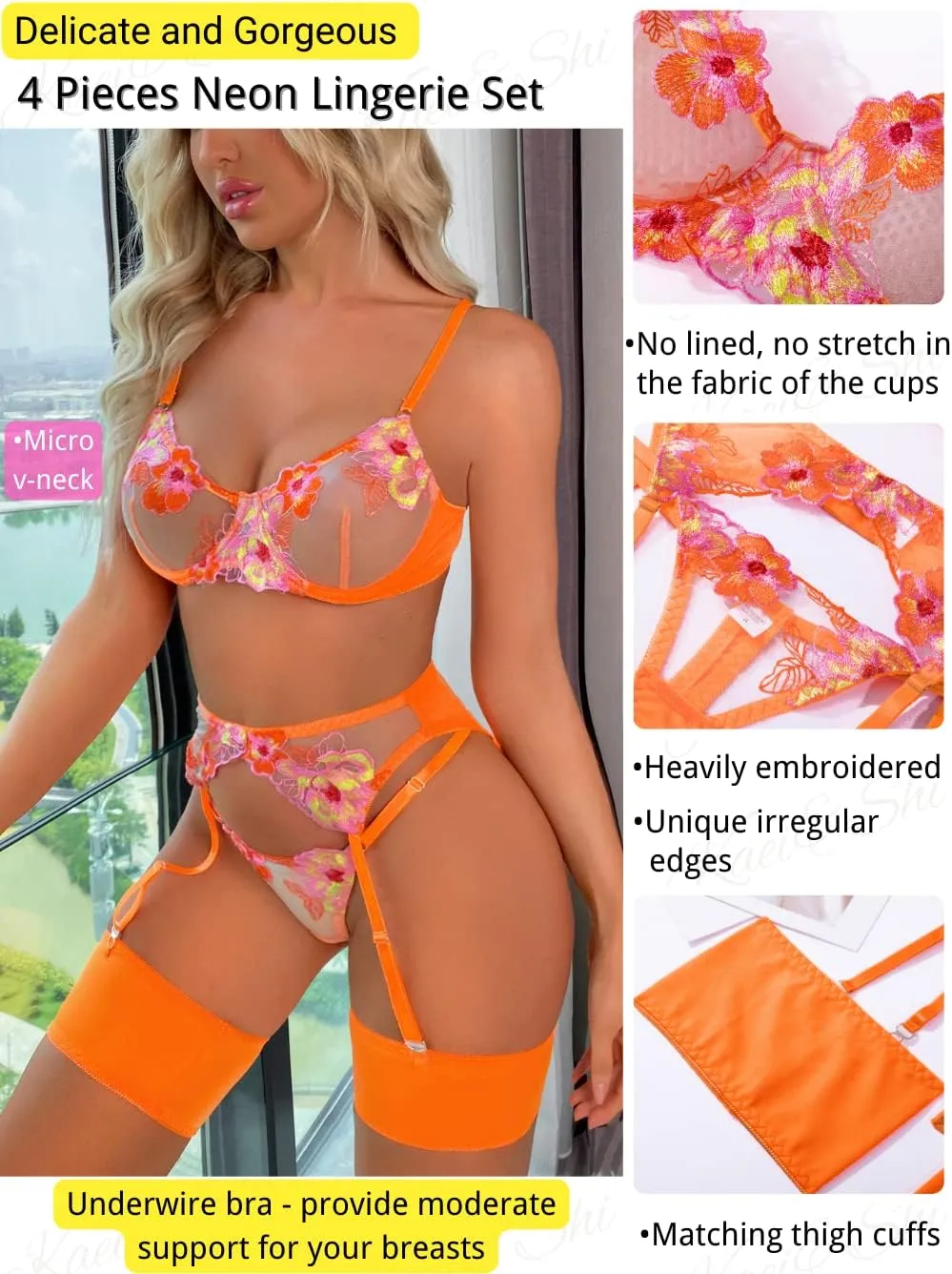 Kaei&Shi Floral Embroidered, Underwire, G-String, Garter Belt, 4 Pieces Lingerie