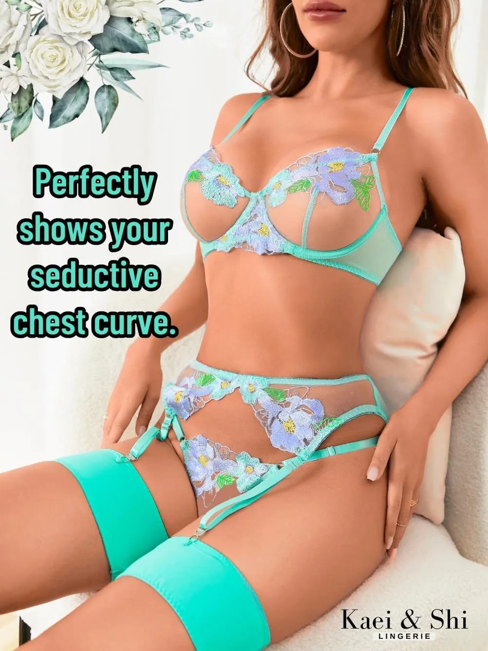 Kaei&Shi Floral Embroidered, Underwire, G-String, Garter Belt, 4 Pieces Lingerie