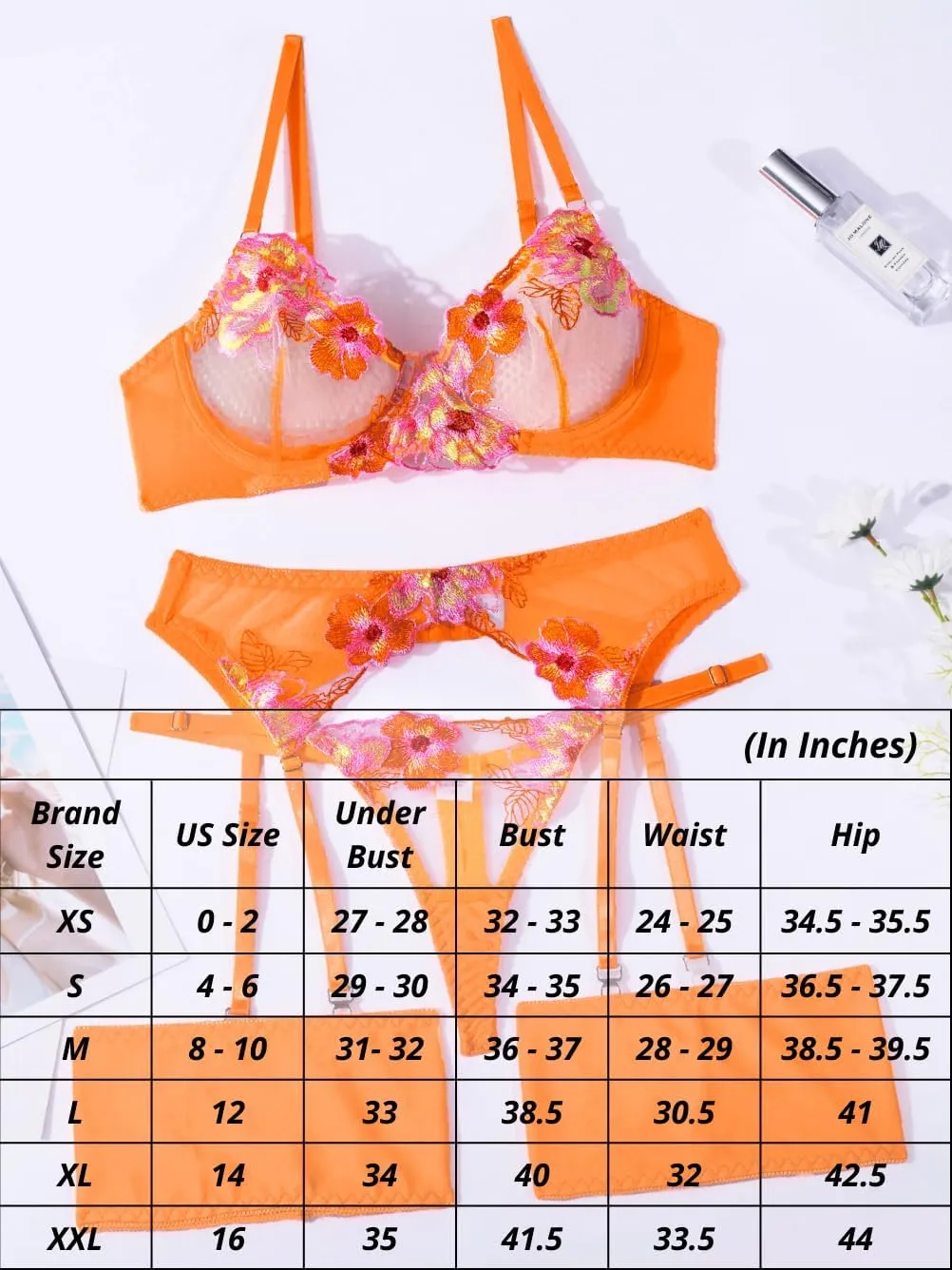 Kaei&Shi Floral Embroidered, Underwire, G-String, Garter Belt, 4 Pieces Lingerie