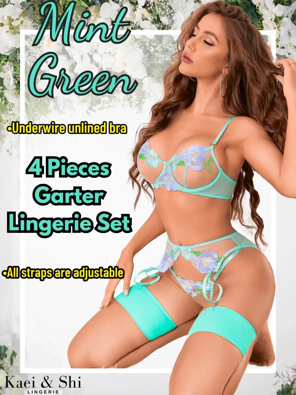 Kaei&Shi Floral Embroidered, Underwire, G-String, Garter Belt, 4 Pieces Lingerie