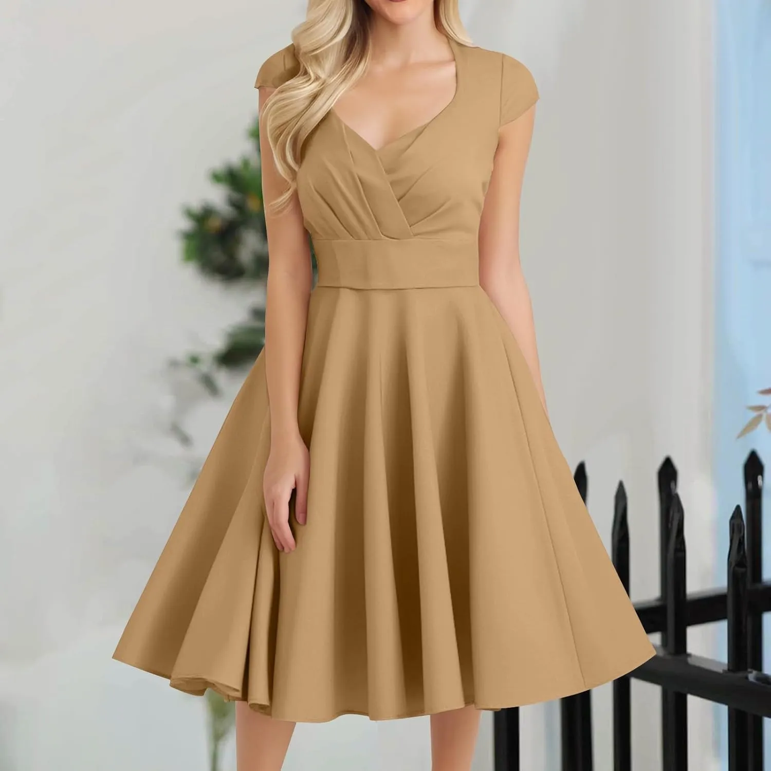 Kenvina 1950S Vintage Dress for Women Wrap V Neck Cap Sleeve Dress Retro Cocktail Party Swing Dresses A-Line Midi Dress