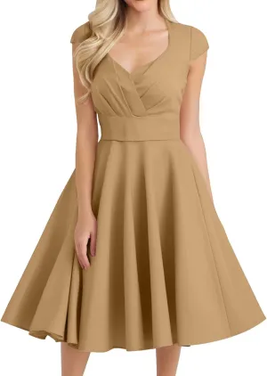 Kenvina 1950S Vintage Dress for Women Wrap V Neck Cap Sleeve Dress Retro Cocktail Party Swing Dresses A-Line Midi Dress