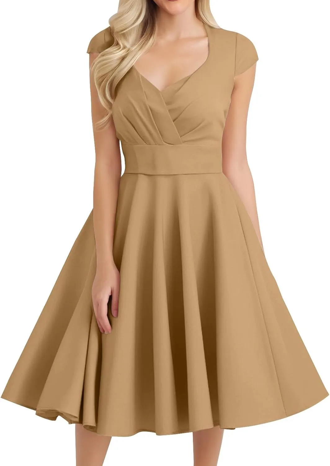 Kenvina 1950S Vintage Dress for Women Wrap V Neck Cap Sleeve Dress Retro Cocktail Party Swing Dresses A-Line Midi Dress