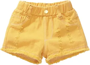 Kids Girls Summer Denim Shorts Solid Color High Waist Elastic Ripped Jeans with Pocket Girls Spandex (Yellow, 7-8 Years)