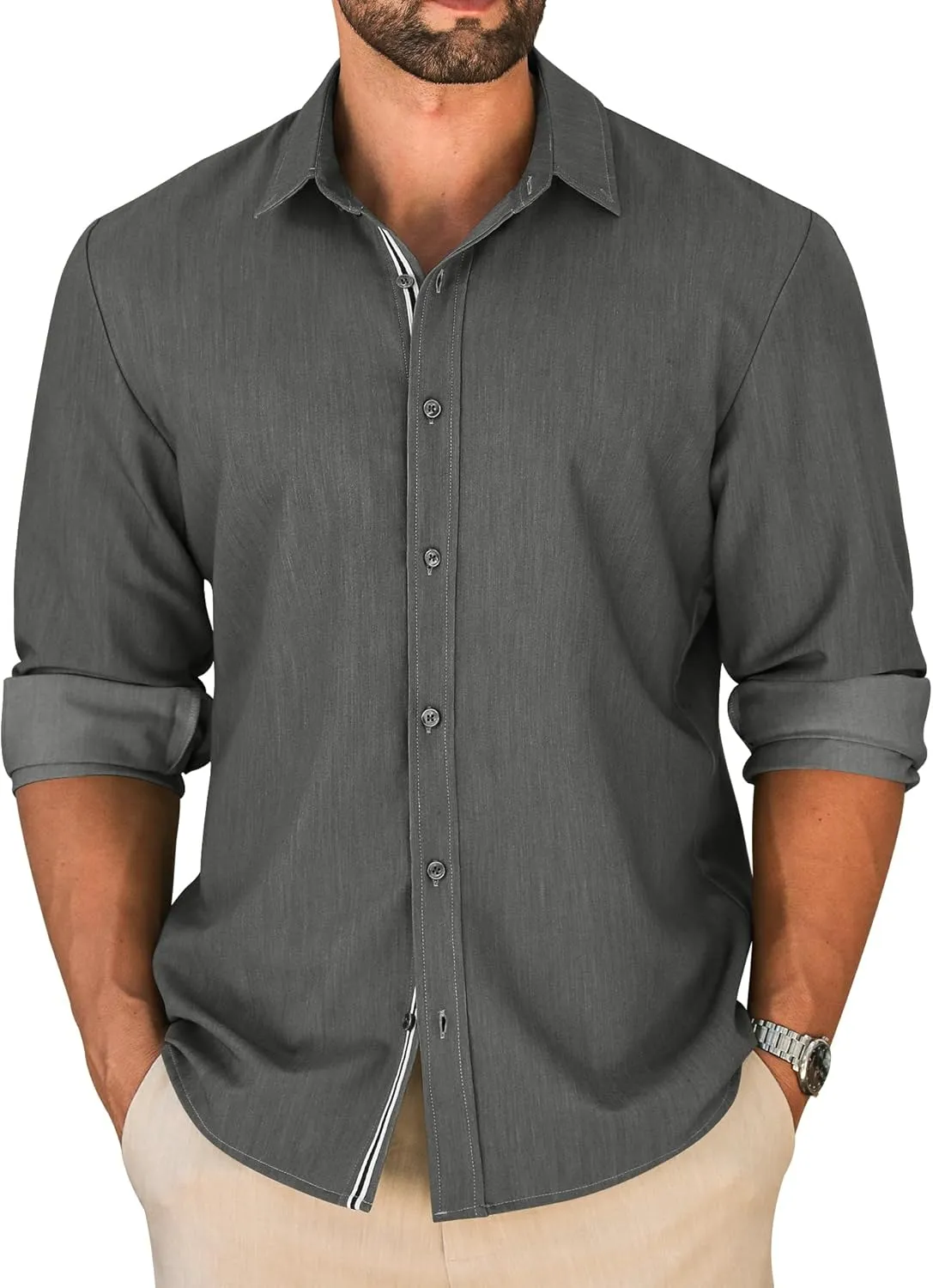 LETSEE Mens Casual Button Down Shirt Untucked Long Sleeve Denim Textured Shirt Strech Wrinkle-Free Dress Shirt