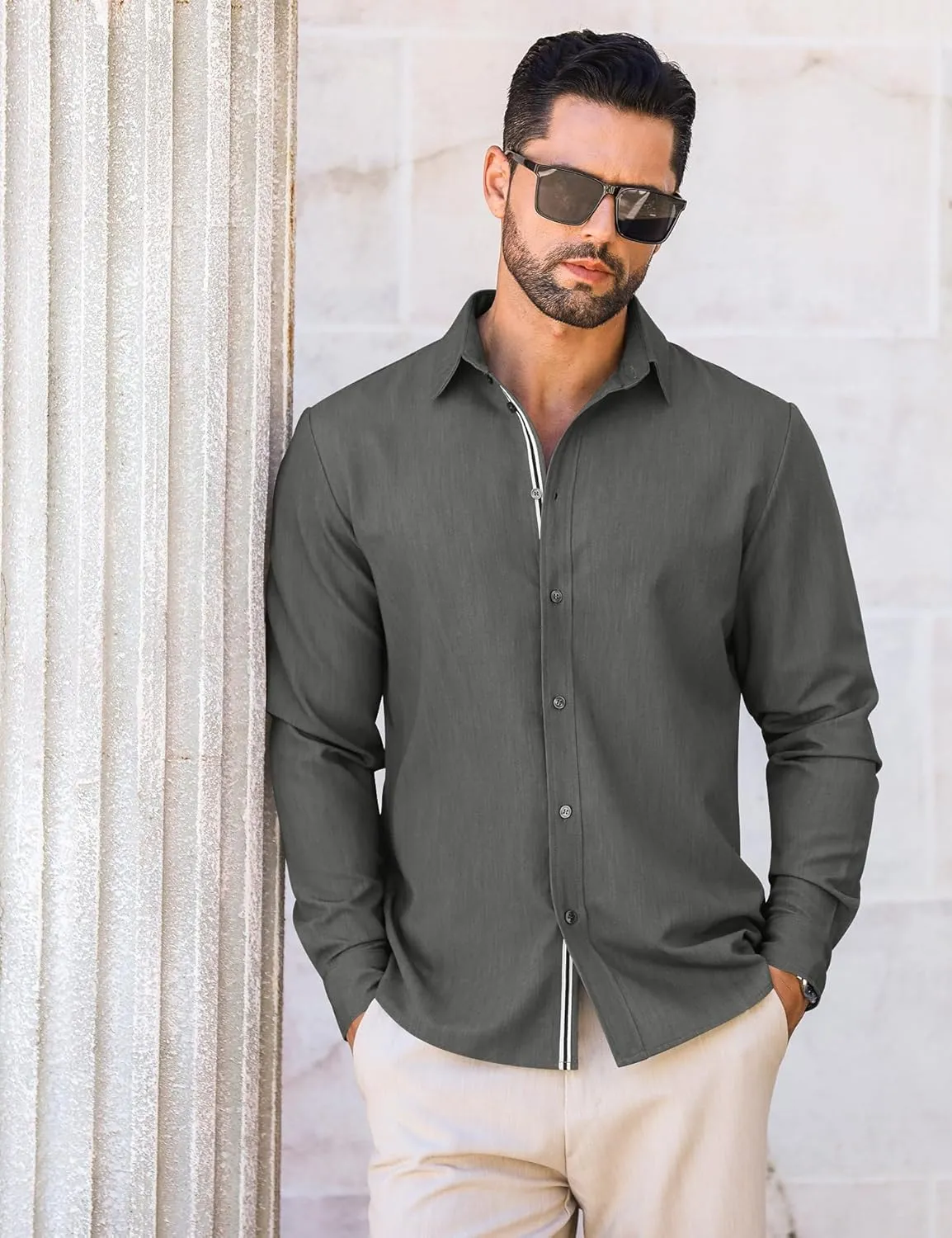 LETSEE Mens Casual Button Down Shirt Untucked Long Sleeve Denim Textured Shirt Strech Wrinkle-Free Dress Shirt