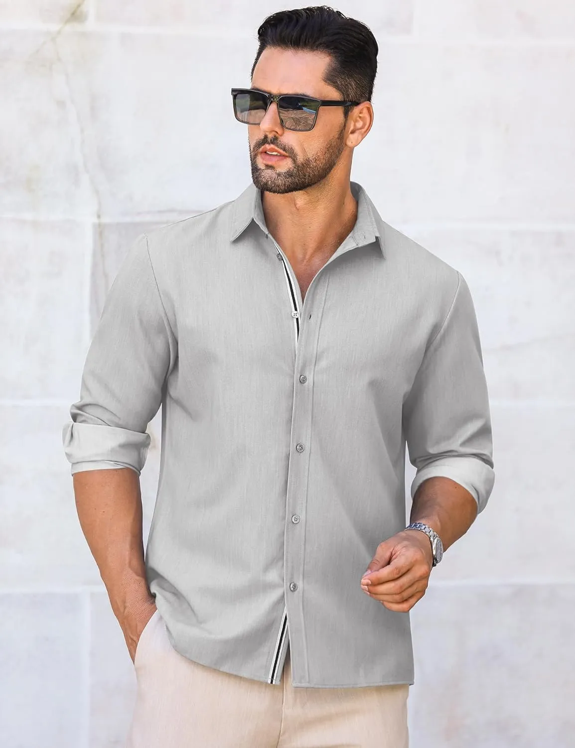 LETSEE Mens Casual Button Down Shirt Untucked Long Sleeve Denim Textured Shirt Strech Wrinkle-Free Dress Shirt