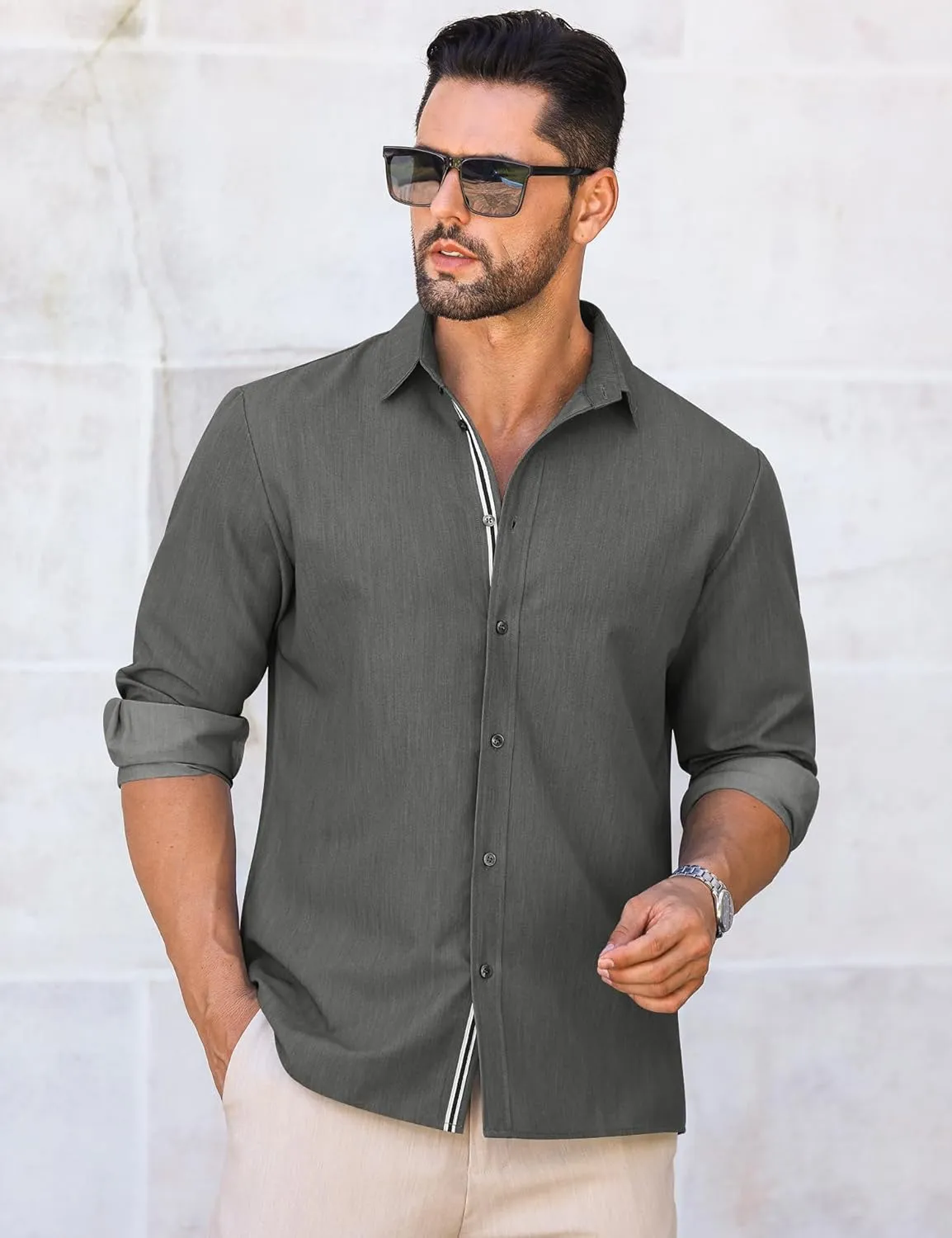 LETSEE Mens Casual Button Down Shirt Untucked Long Sleeve Denim Textured Shirt Strech Wrinkle-Free Dress Shirt