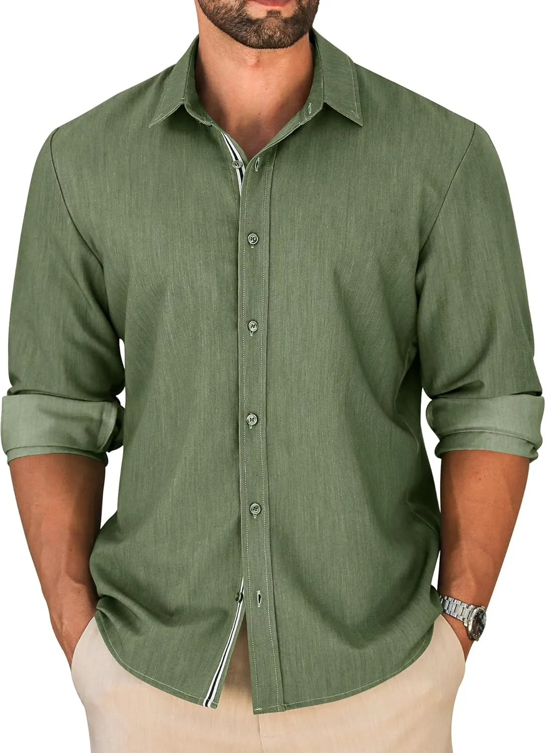 LETSEE Mens Casual Button Down Shirt Untucked Long Sleeve Denim Textured Shirt Strech Wrinkle-Free Dress Shirt