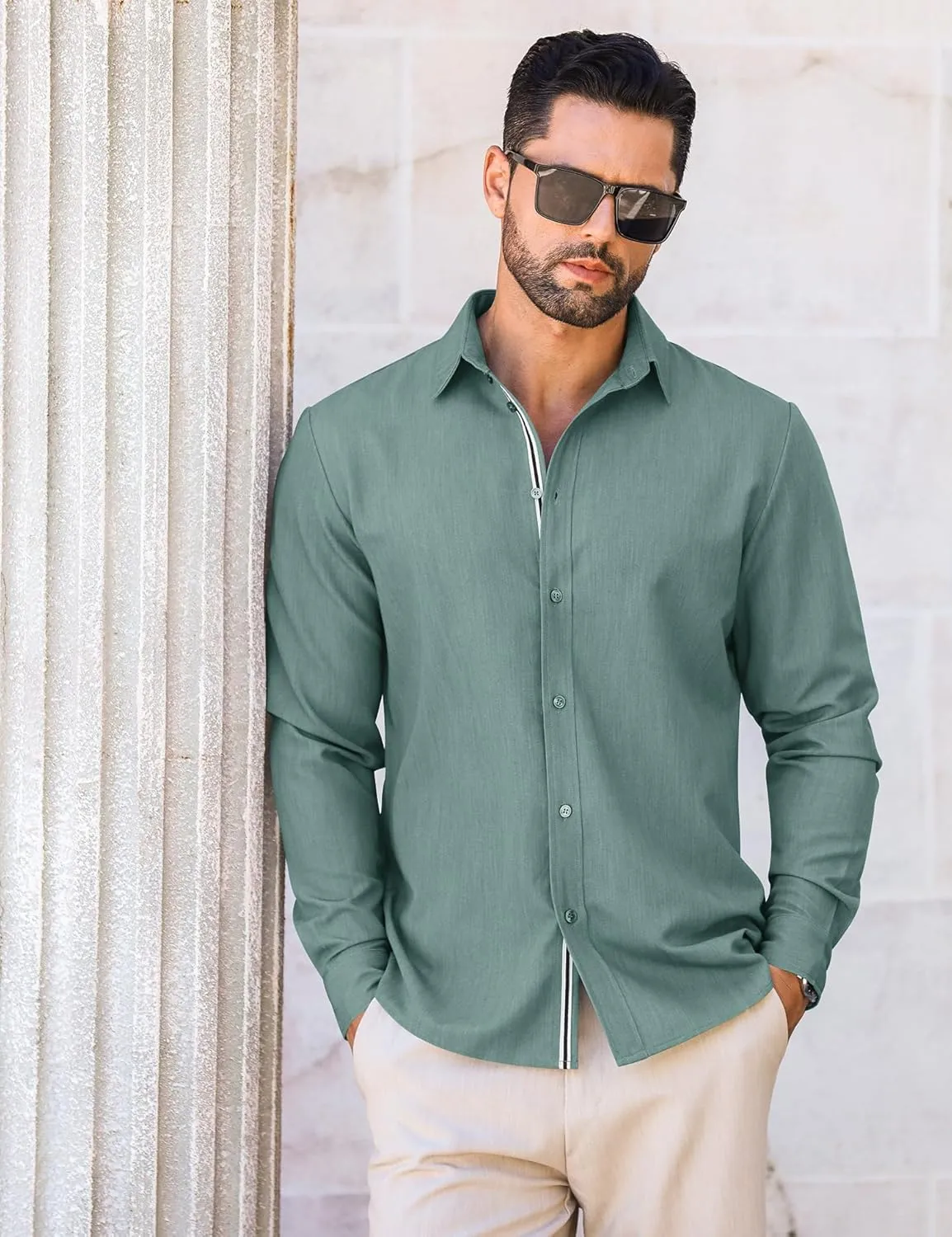 LETSEE Mens Casual Button Down Shirt Untucked Long Sleeve Denim Textured Shirt Strech Wrinkle-Free Dress Shirt
