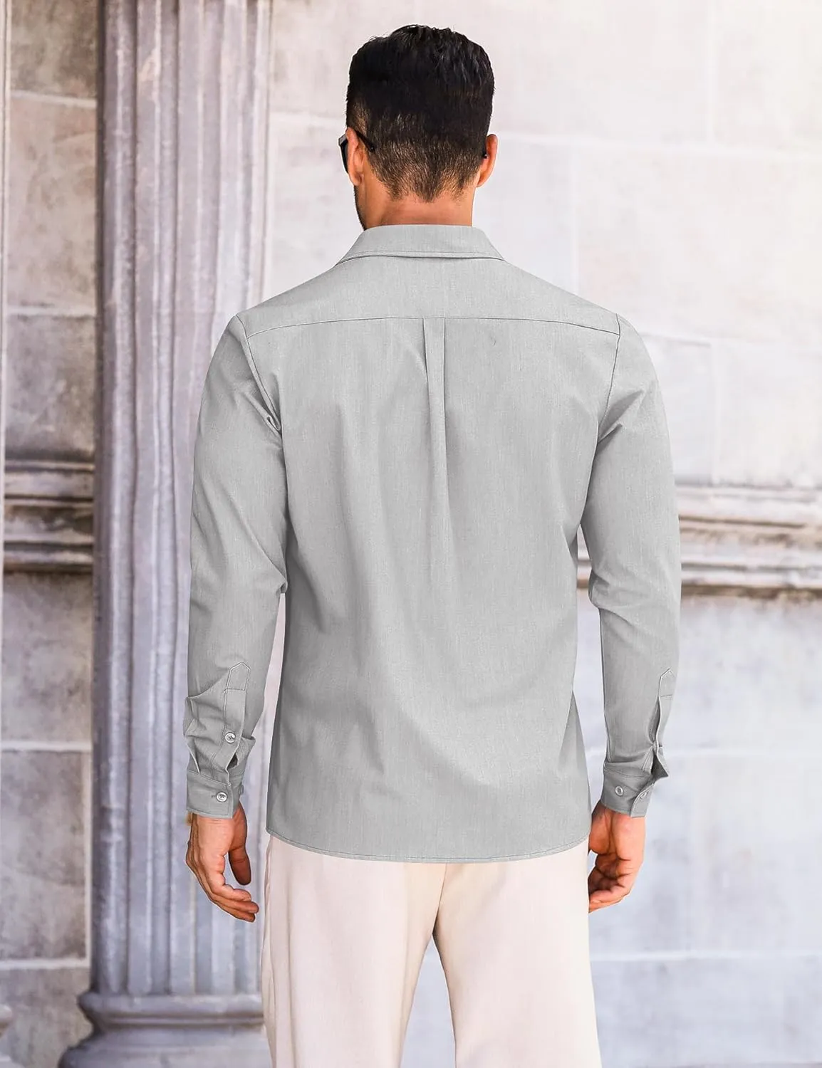 LETSEE Mens Casual Button Down Shirt Untucked Long Sleeve Denim Textured Shirt Strech Wrinkle-Free Dress Shirt