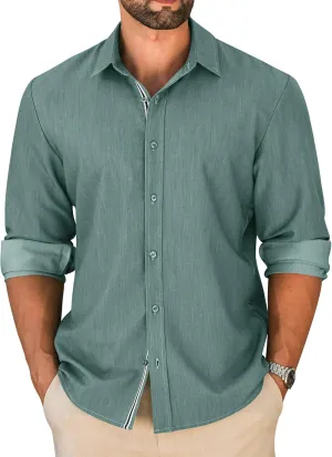 LETSEE Mens Casual Button Down Shirt Untucked Long Sleeve Denim Textured Shirt Strech Wrinkle-Free Dress Shirt