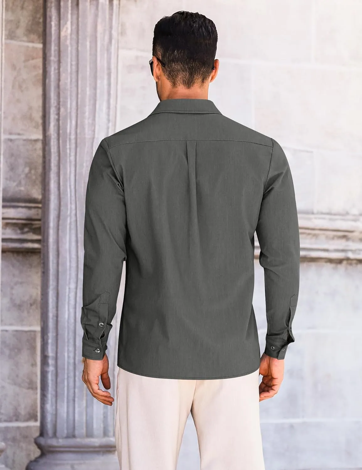 LETSEE Mens Casual Button Down Shirt Untucked Long Sleeve Denim Textured Shirt Strech Wrinkle-Free Dress Shirt