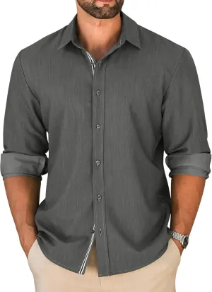 LETSEE Mens Casual Button Down Shirt Untucked Long Sleeve Denim Textured Shirt Strech Wrinkle-Free Dress Shirt