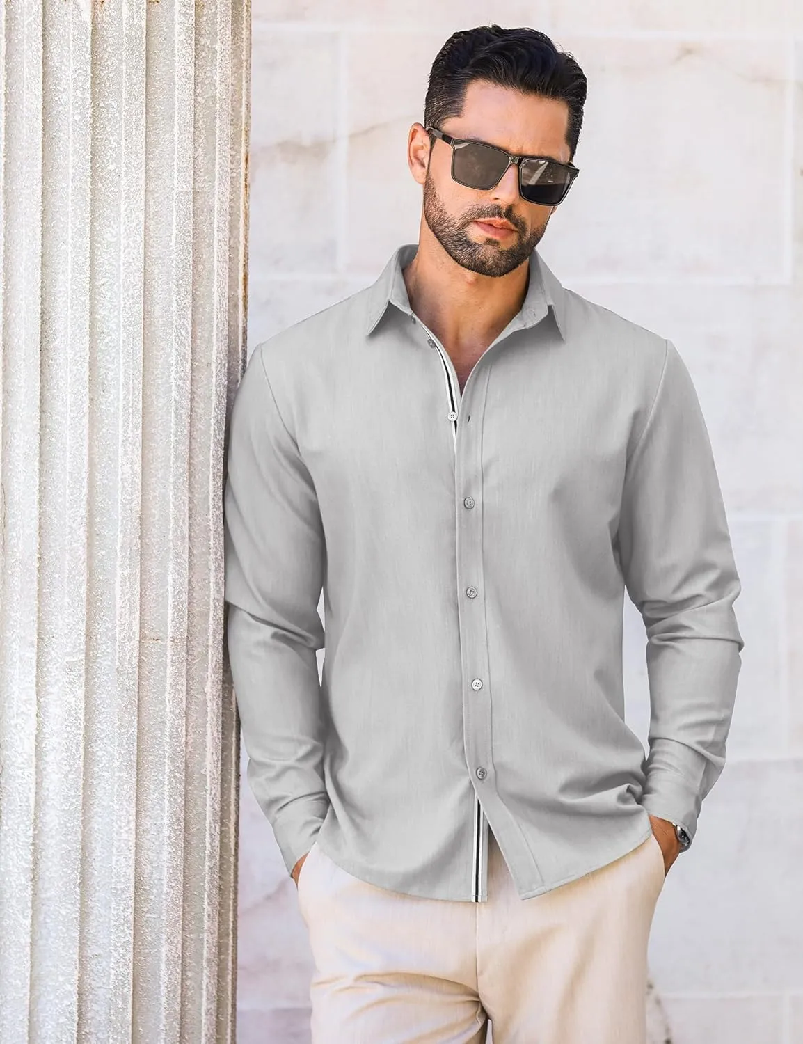 LETSEE Mens Casual Button Down Shirt Untucked Long Sleeve Denim Textured Shirt Strech Wrinkle-Free Dress Shirt
