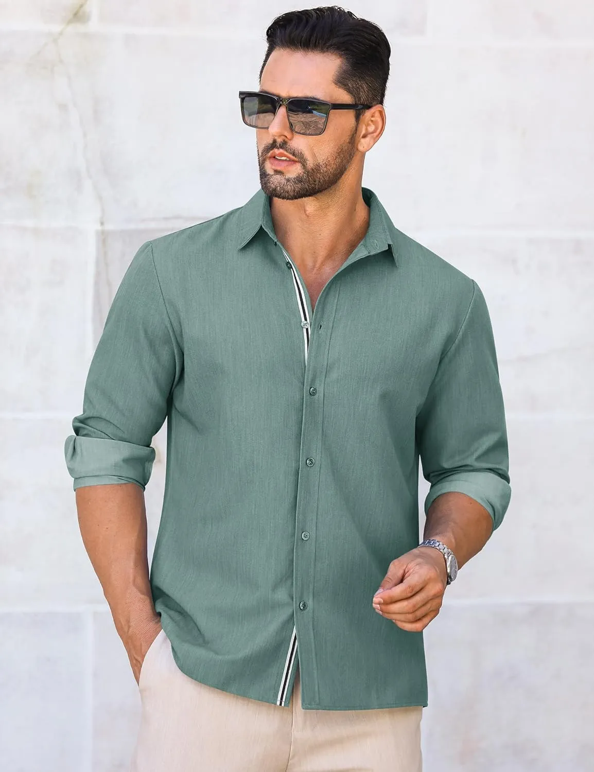 LETSEE Mens Casual Button Down Shirt Untucked Long Sleeve Denim Textured Shirt Strech Wrinkle-Free Dress Shirt