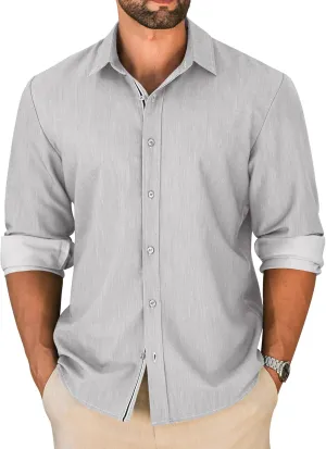 LETSEE Mens Casual Button Down Shirt Untucked Long Sleeve Denim Textured Shirt Strech Wrinkle-Free Dress Shirt