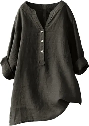 Linen Shirts for Women V Neck Button Blouses Boho Summer Tee Tops Long Sleeve Loose Shirts