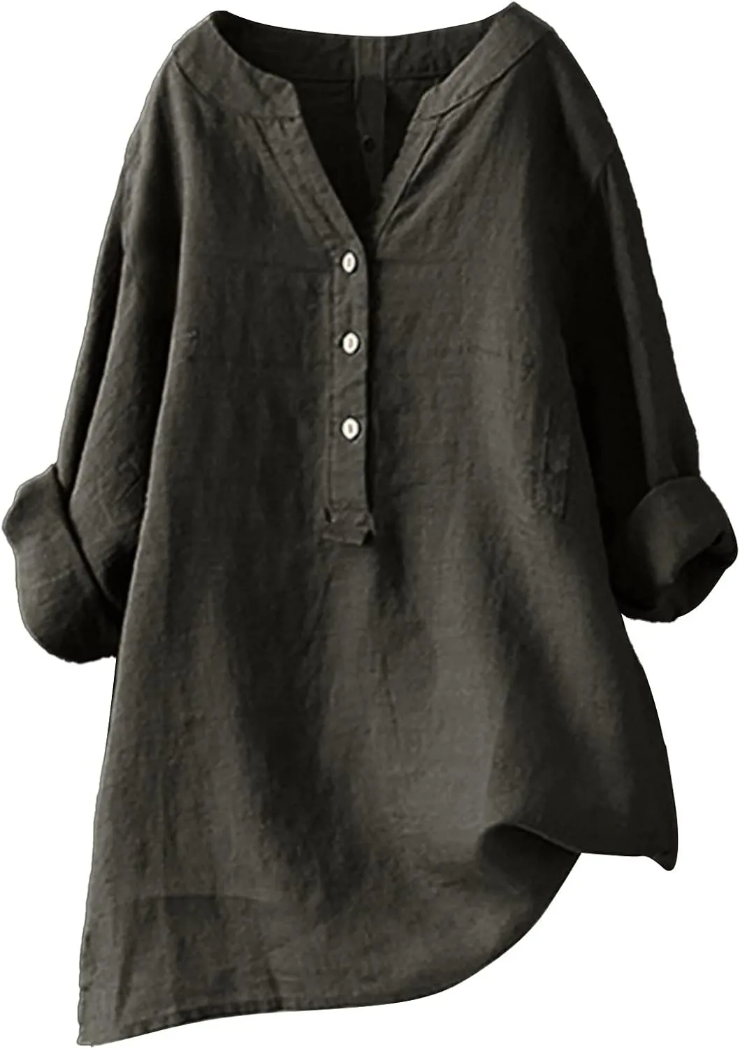 Linen Shirts for Women V Neck Button Blouses Boho Summer Tee Tops Long Sleeve Loose Shirts