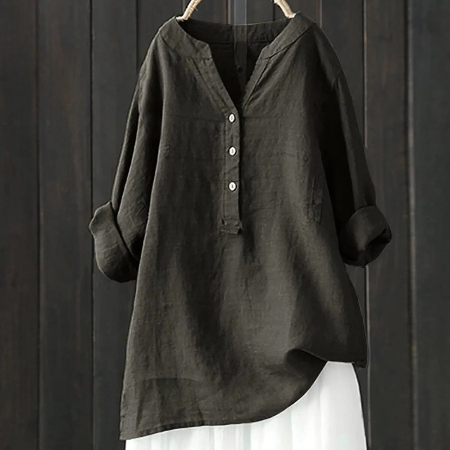 Linen Shirts for Women V Neck Button Blouses Boho Summer Tee Tops Long Sleeve Loose Shirts