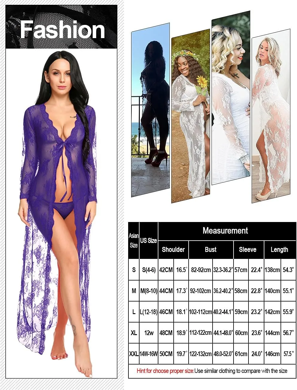Lingerie for Women Sexy Long Lace Dress Sheer Gown See Through Kimono Robe