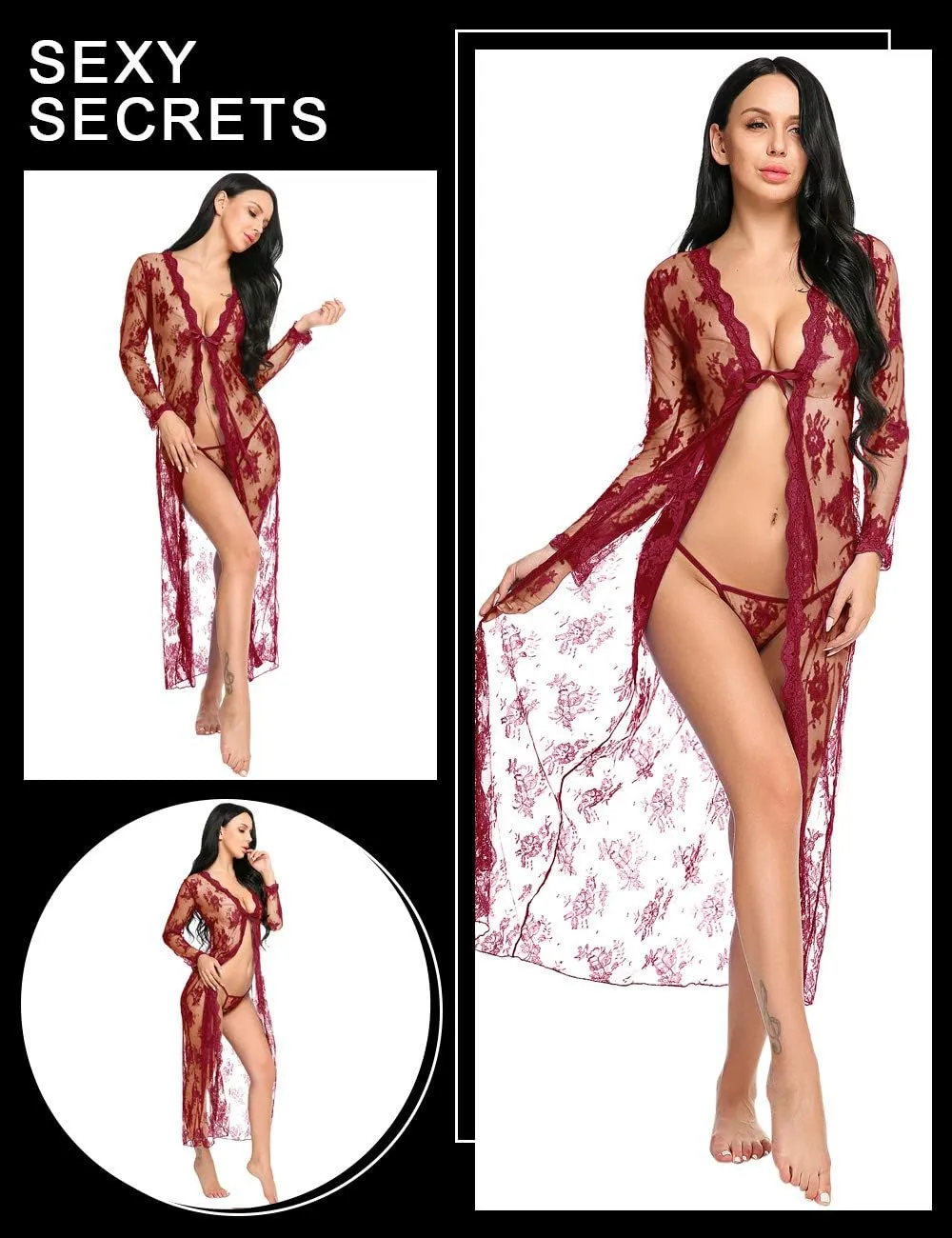 Lingerie for Women Sexy Long Lace Dress Sheer Gown See Through Kimono Robe