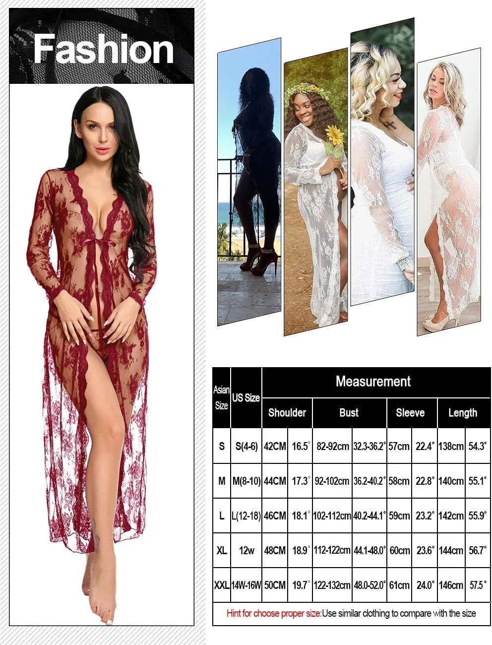 Lingerie for Women Sexy Long Lace Dress Sheer Gown See Through Kimono Robe