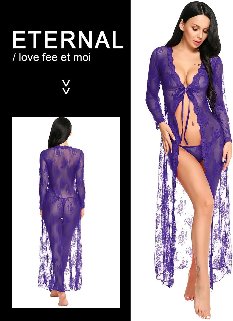 Lingerie for Women Sexy Long Lace Dress Sheer Gown See Through Kimono Robe