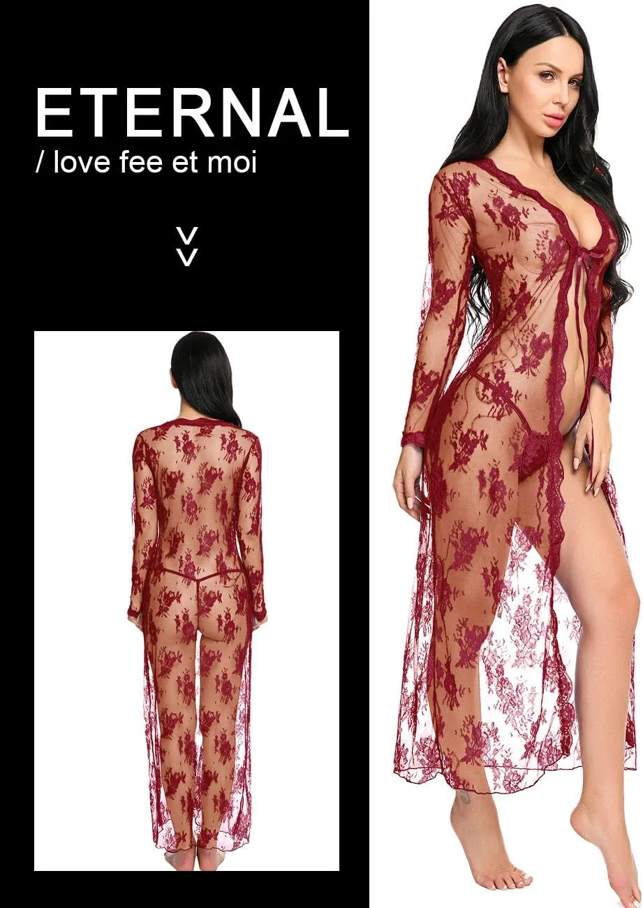 Lingerie for Women Sexy Long Lace Dress Sheer Gown See Through Kimono Robe