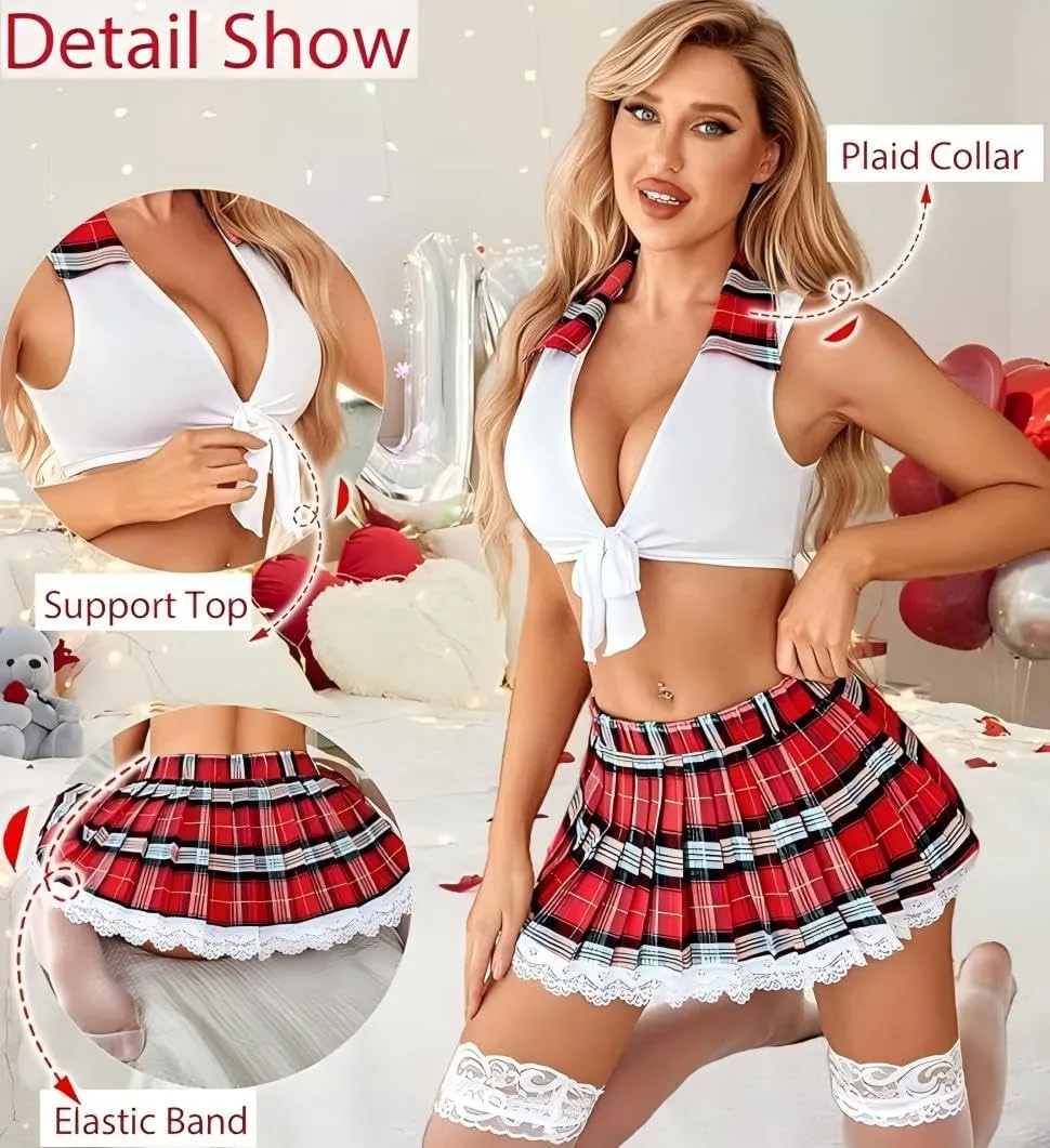Lingerie Set for Women Sexy Lace Two Piece Lingerie Outfits with Tie Top and Mini Pleated Skirt Set
