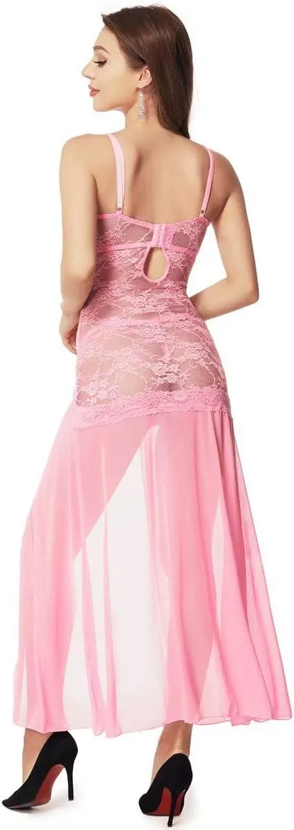 LINGERLOVE Women's Floral Lace Plus Size Babydoll Lingerie Set Sexy Split Maxi Long Nightgown Dress