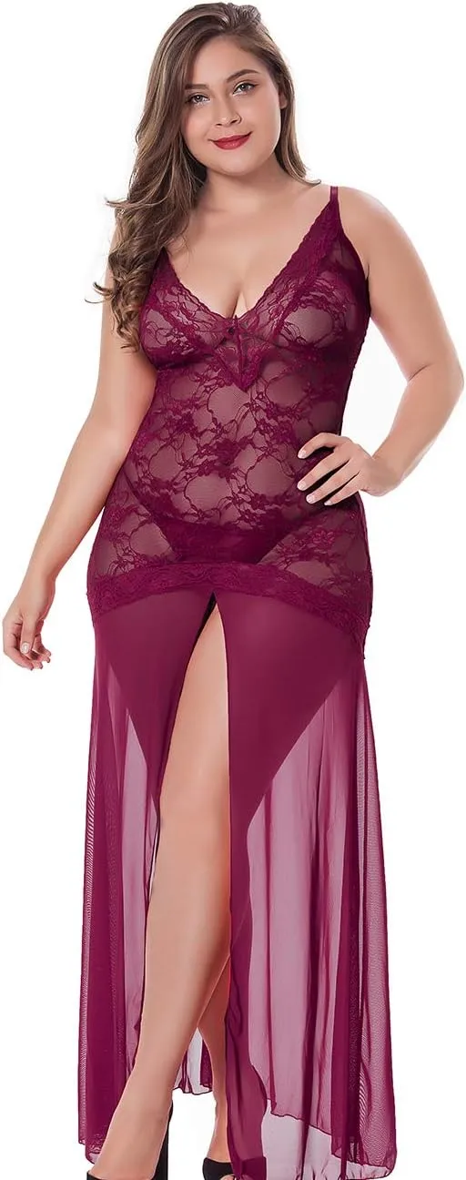 LINGERLOVE Women's Floral Lace Plus Size Babydoll Lingerie Set Sexy Split Maxi Long Nightgown Dress