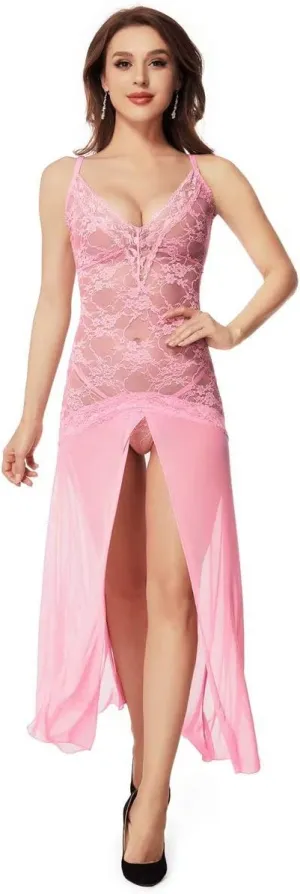LINGERLOVE Women's Floral Lace Plus Size Babydoll Lingerie Set Sexy Split Maxi Long Nightgown Dress