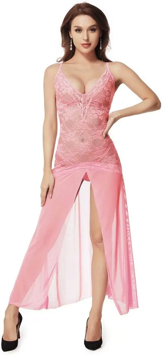 LINGERLOVE Women's Floral Lace Plus Size Babydoll Lingerie Set Sexy Split Maxi Long Nightgown Dress