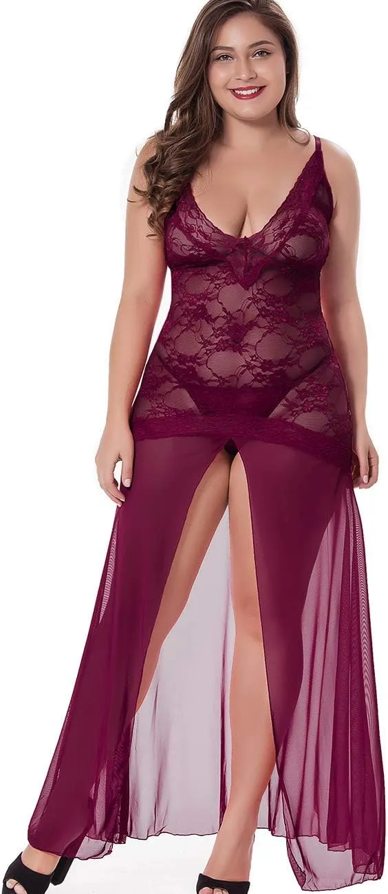 LINGERLOVE Women's Floral Lace Plus Size Babydoll Lingerie Set Sexy Split Maxi Long Nightgown Dress