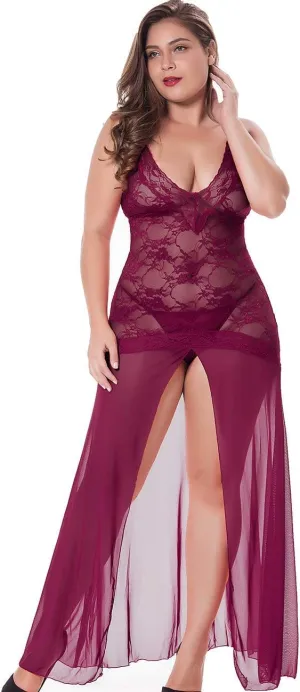 LINGERLOVE Women's Floral Lace Plus Size Babydoll Lingerie Set Sexy Split Maxi Long Nightgown Dress