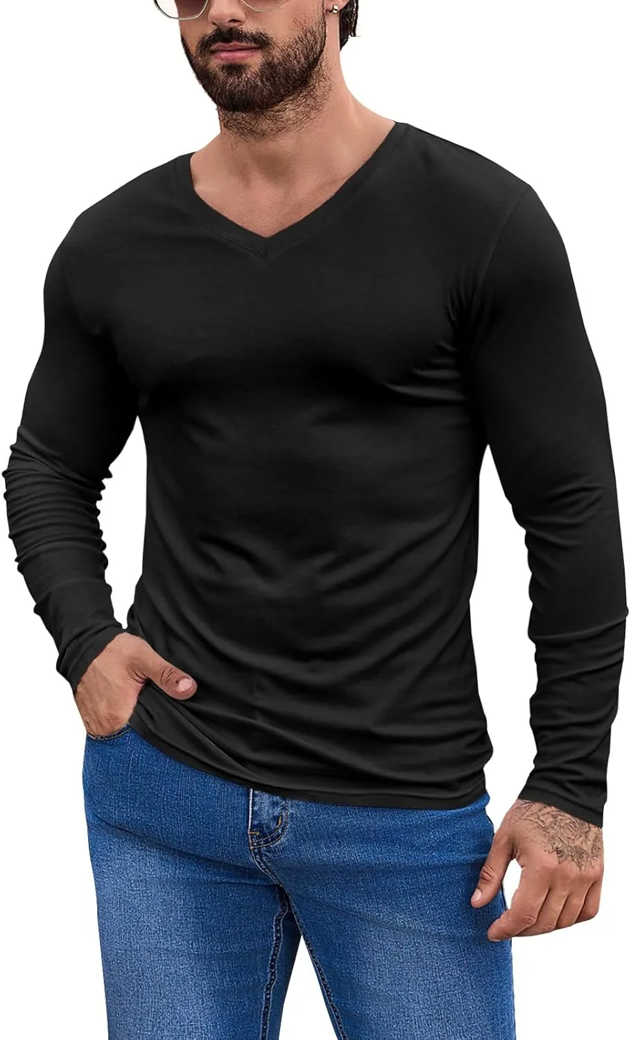 LONGBIDA Men's Thermal Underwear V-Neck T-Shirt Slim Fit Lightweight Long Sleeve Pullover