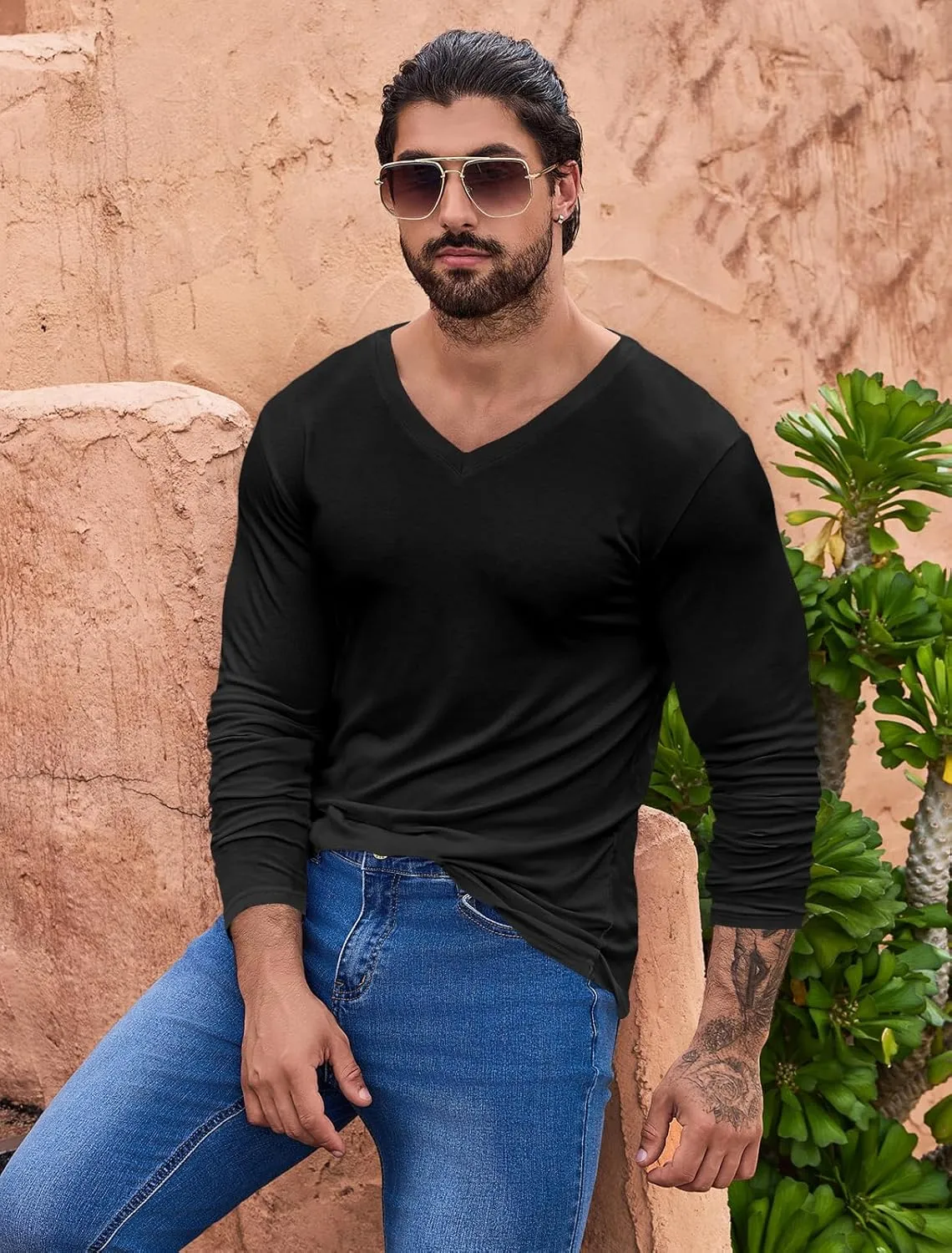 LONGBIDA Men's Thermal Underwear V-Neck T-Shirt Slim Fit Lightweight Long Sleeve Pullover