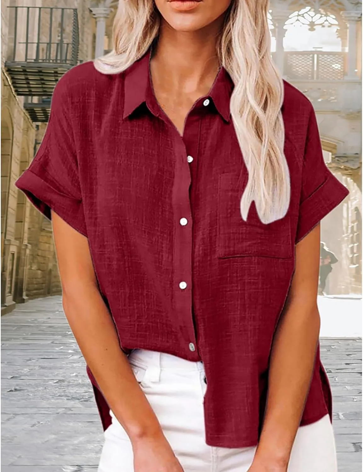Mayntop Cotton Linen Shirts for Women Solid Color Oversized Button-Down Collar Loose Top T-Shirt Tee Shirt Blouse