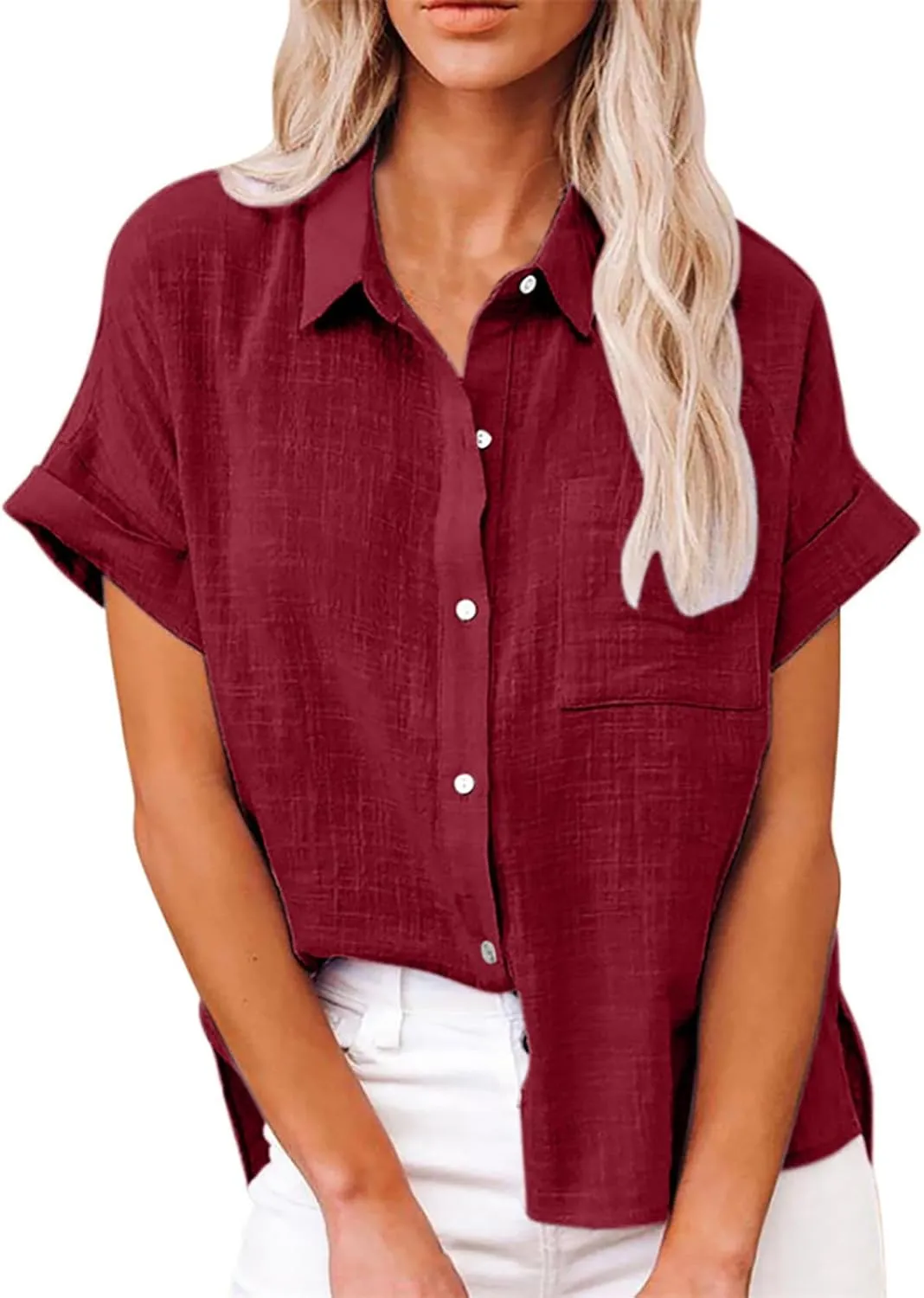 Mayntop Cotton Linen Shirts for Women Solid Color Oversized Button-Down Collar Loose Top T-Shirt Tee Shirt Blouse