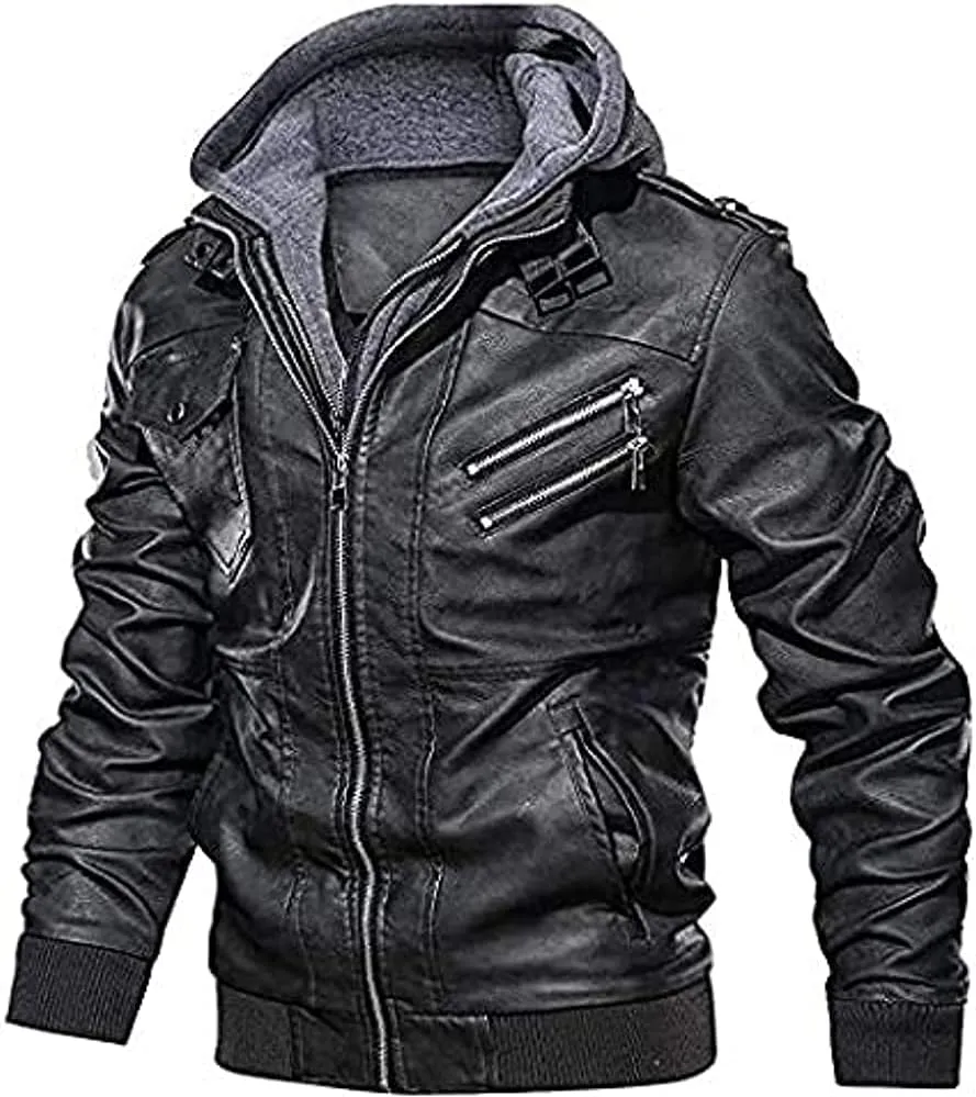 Men Leather Jacket - Lambskin Winterwear Motorcycle Biker Jacket, Moto Riding & Racing Jacket's with Removable Hood
