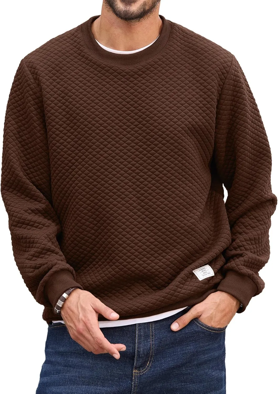 Men's Crewneck Sweatshirts Solid Color Diamond Grid Texture Long Sleeve Casual Basics Pullover Shirt