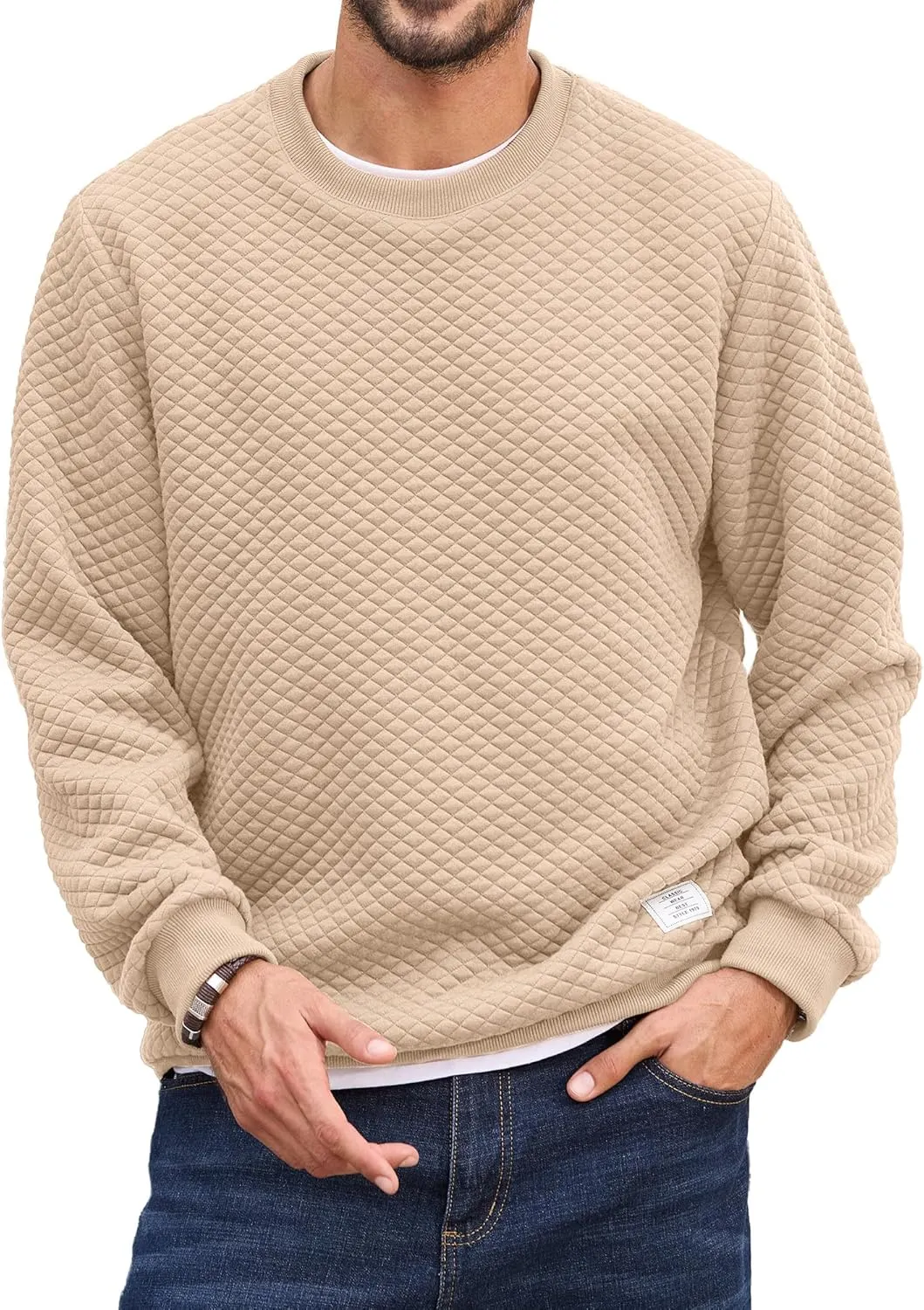 Men's Crewneck Sweatshirts Solid Color Diamond Grid Texture Long Sleeve Casual Basics Pullover Shirt