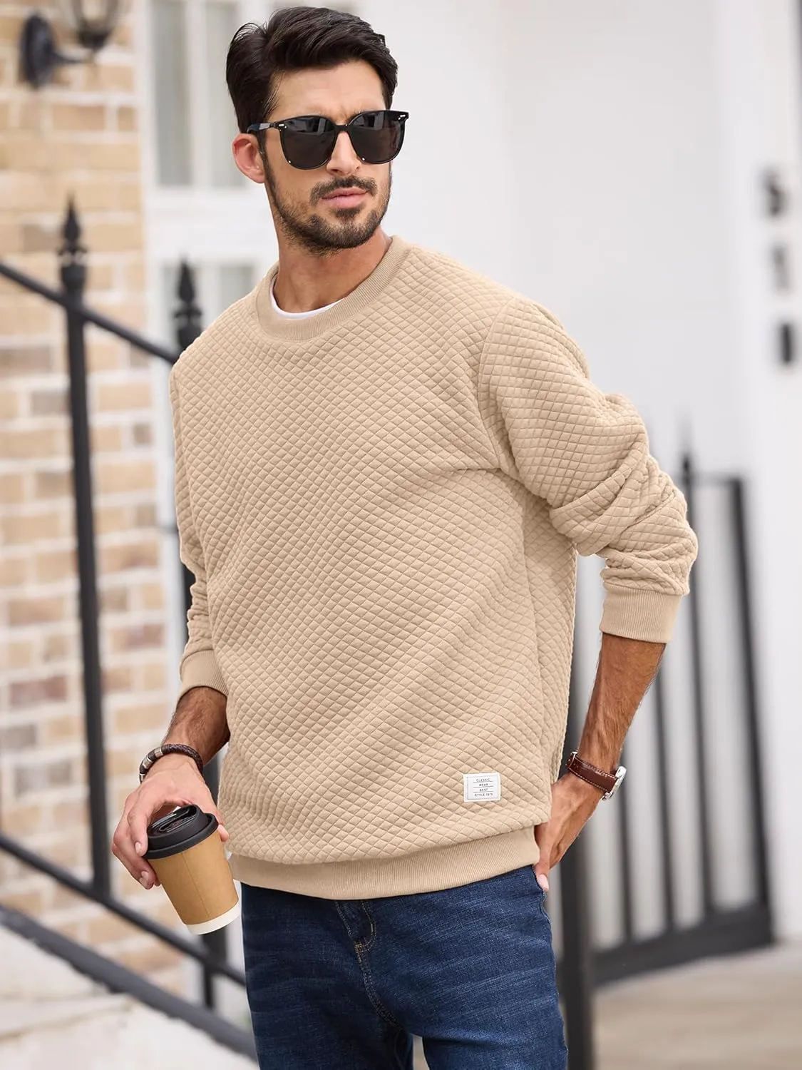 Men's Crewneck Sweatshirts Solid Color Diamond Grid Texture Long Sleeve Casual Basics Pullover Shirt